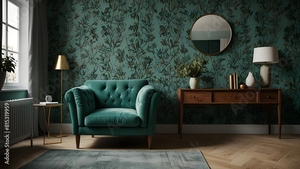 Fototapeta Chair and turquoise sofa in green living room interior with leaves wallpaper and table. Real photo Generative AI