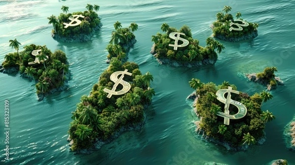Fototapeta A conceptual illustration of several tropical islands shaped like dollar signs in a clear blue ocean, symbolizing offshore banking and tax havens