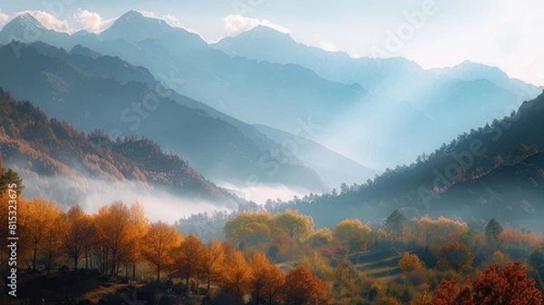 Fototapeta On a crisp autumn morning the backdrop of the sky meeting the mountains in the warm embrace of sunlight perfectly captures the essence of World Environment Day
