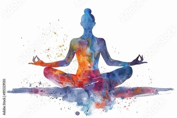 Fototapeta Lotus pose captured in watercolor, mudra hands enhancing an abstract aura of vibrant energy