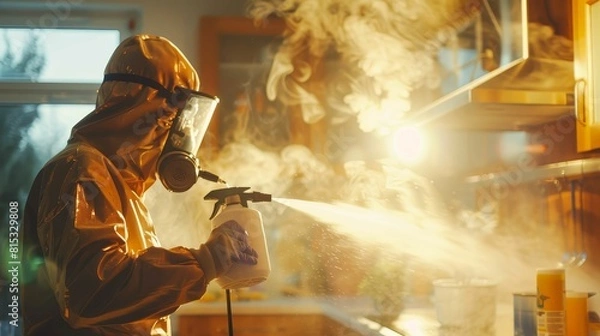 Obraz A painter is wearing a protective suit and a respirator while spray-painting a wall.