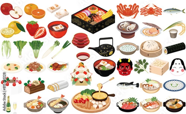 Obraz 冬の味覚・料理のイラスト①（おせち、お雑煮、年越しそば、ローストチキン、クリスマスケーキ）