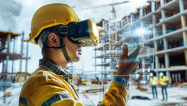 Fototapeta Construction Worker Managing Site with Advanced VR Tech