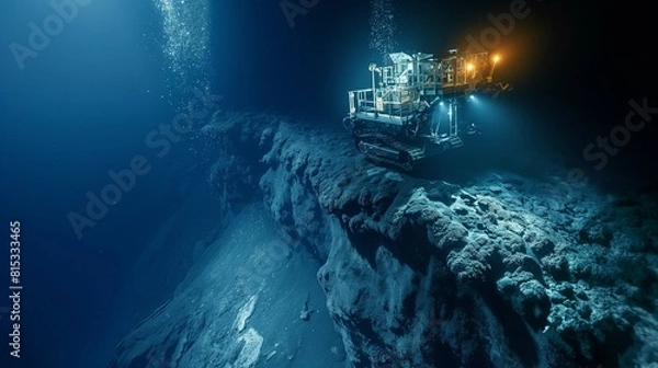 Fototapeta This detailed underwater image illustrates the innovative technology of deep sea mining, featuring a remotely operated vehicle (ROV) extracting minerals from the ocean floor. Experience the sophistica