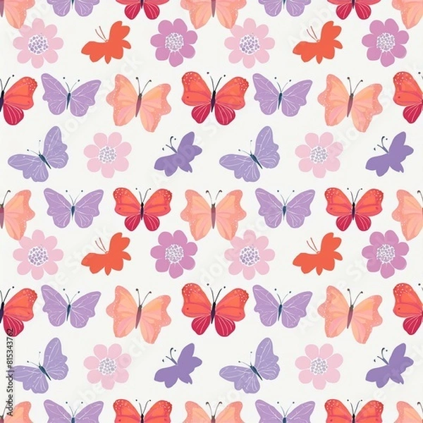 Fototapeta elegant seamless pattern with butterflies and blooming flowers and trees. color 