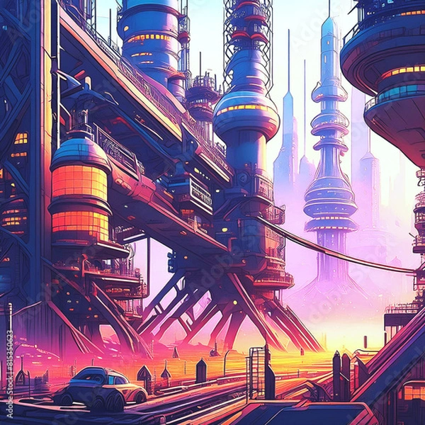 Fototapeta 공업단지 사이버 펑크 배경