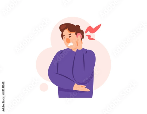 Fototapeta illustration of a man with red and swollen ears. earache. Otalgia symptoms. ear infection. pain in the inside or outside of the ear. health problems and disorders. flat style character illustration