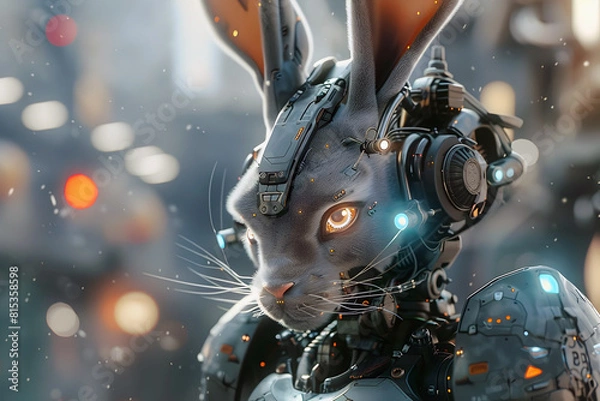 Fototapeta Cyborg Rabbit Warrior Wielding Glowing Energy Sword in Solarpunk-Inspired Surreal Atmosphere