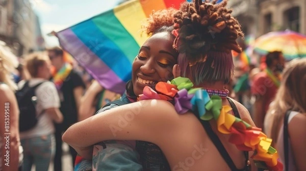 Obraz Cheerful LGBTQ+ couple enjoying their anniversary with pride month decorations and soft pastel tones,Celebrating at a Pride Parade with Rainbow Flags and Colorful Costumes