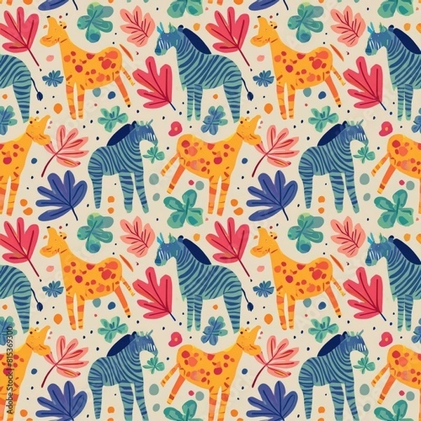 Fototapeta a pattern featuring exotic animals like zebras, giraffes, and elephants,