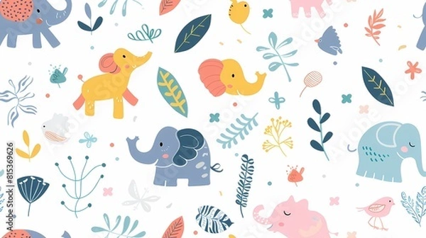 Fototapeta A vibrant pattern of adorable elephants and foliage