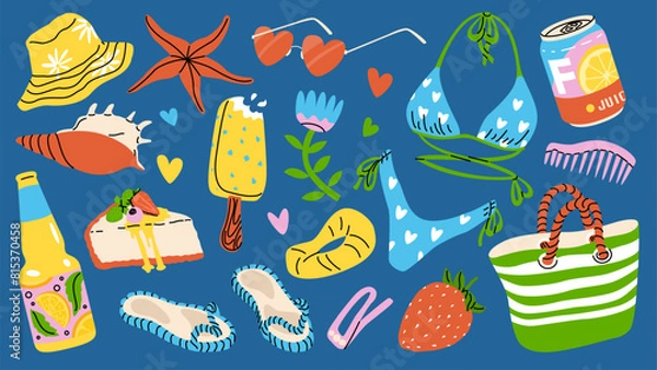 Fototapeta Summer trendy set of stickers. Vacation icons. Beach holiday and party elements. Banner and advertising design. Vector illustration isolated on a color background.