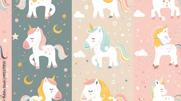 Fototapeta A whimsical pattern of playful unicorns with stars and clouds