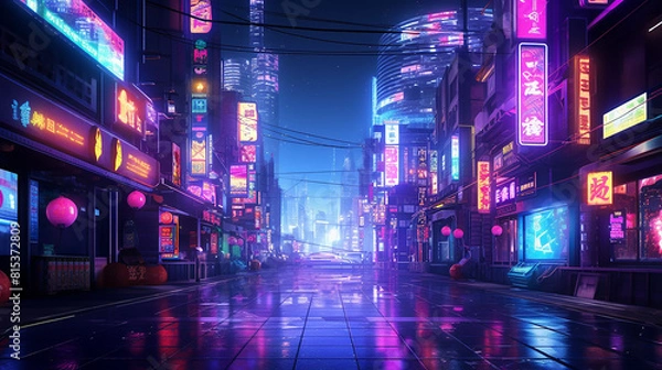 Obraz A cyberpunk city street with neon lights and skyscrapers