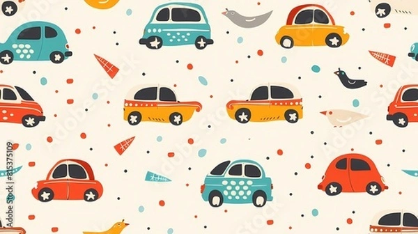 Fototapeta Colorful cartoon cars and birds pattern on a speckled background