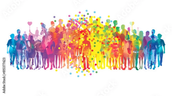 Obraz A happy pride parade is standing together with colorful confetti, vivid colorful rainbow watercolor on a transparent background. Isolated decorating elements for Pride month background design.