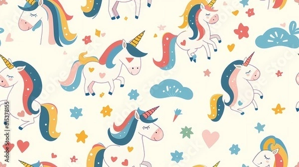 Fototapeta Colorful unicorns and stars pattern on a light background
