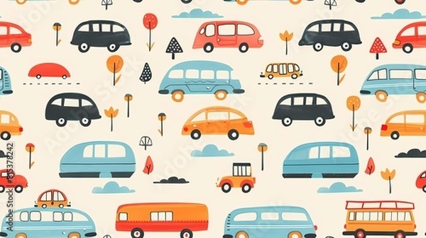 Obraz Colorful vintage cars and buses in a whimsical pattern