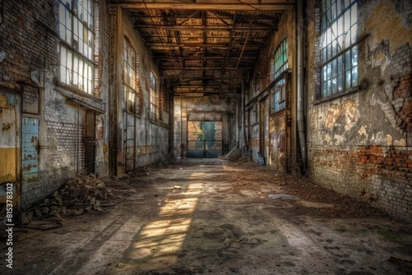 Fototapeta Empty industrial warehouse with weathered walls, exposed beams, and scattered debris