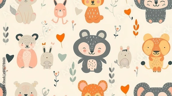 Fototapeta Cute cartoon animals and nature elements pattern