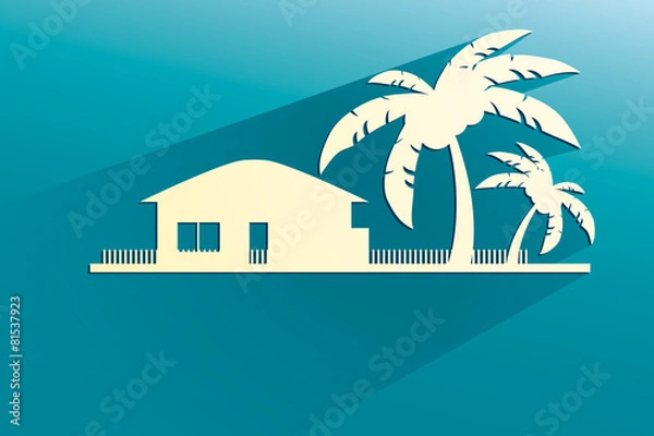 Fototapeta Styled bungalows and palm trees white with flat shadows on a