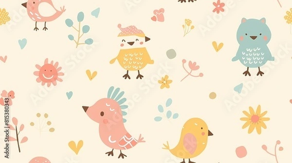 Fototapeta Whimsical birds and floral patterns in a pastel backdrop