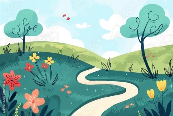 Fototapeta Cartoon cute doodles of a minimalist garden scene with simple flower shapes and a winding path through the grass, Generative AI