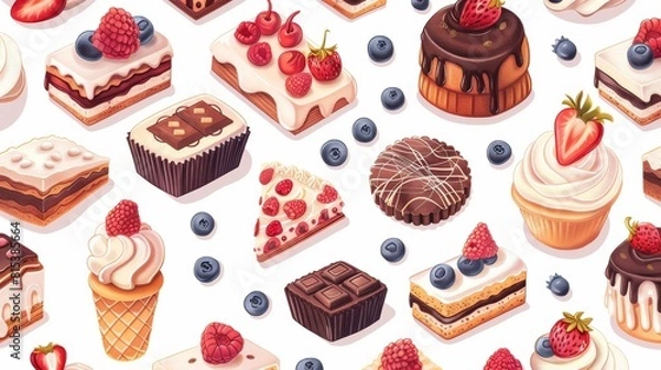 Fototapeta Seamless pattern of different types of desserts like cakes, cookies, and ice cream. seamless illustration pattern.