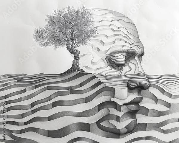 Fototapeta The drawing shows a man's head in profile with an olive tree growing out of it. The background is filled with a maze.