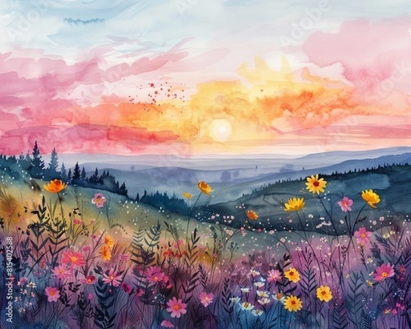 Obraz A watercolor scene depicting a colorful, blooming orchard with soft, natural elements and a serene background
