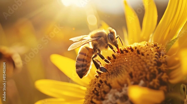 Fototapeta Close-up shot of a bee clinging to a yellow flower with warm sunlight in the background.	