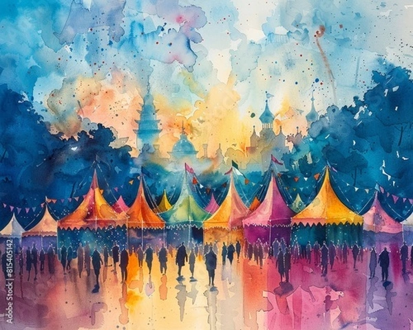 Obraz A watercolor scene of an outdoor music festival, with colorful tents and lively crowd elements in the background Generative AI