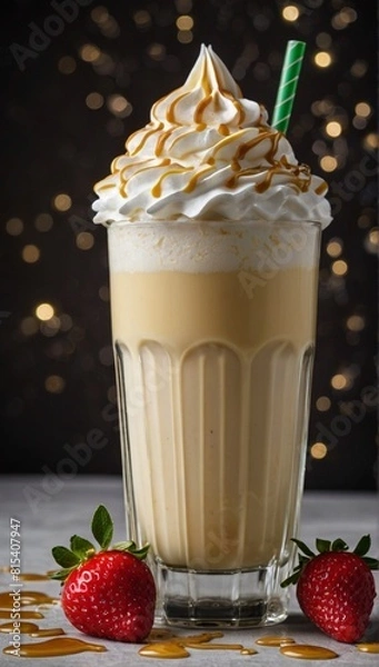 Obraz Glass of caramel milkshake with cream and cookie topping on dark back ground.