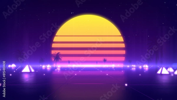 Fototapeta 1980s retro style, coconut tree and sun in summer landscape abstract background.