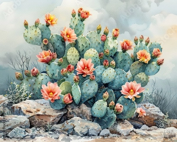 Obraz A watercolor illustration of a blooming cactus in the desert, with vibrant flowers against a soft, natural background Generative AI