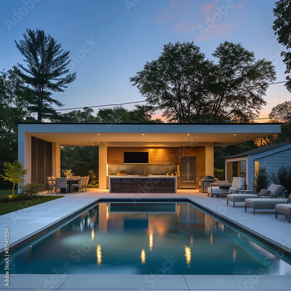 Obraz As twilight descends upon a modern backyard oasis