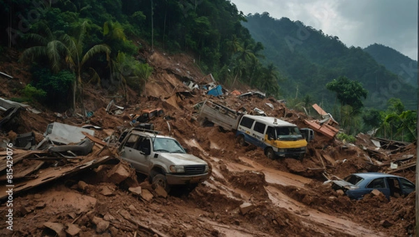 Fototapeta A mudslide aftermath showing debris-covered terrain with collapsed structures and uprooted trees.