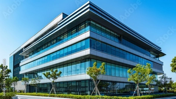 Fototapeta A modern office building with a facade designed to reduce urban heat island effect.