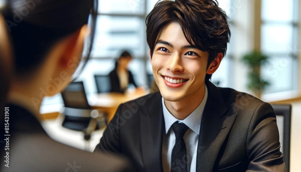 Fototapeta オフィスで嬉しい知らせに喜ぶ若い日本人のビジネスマン