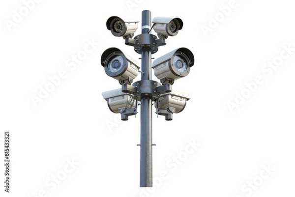 Fototapeta CCTV cameras on a pole in a tech setting isolated on transparent background