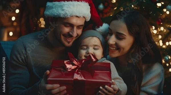 Fototapeta  A man and a woman, each holding a child before a festive Christmas tree A gift lies presents before them