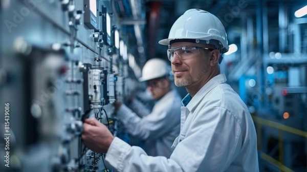 Fototapeta A group of engineers conducting a comprehensive audit of the factory's electrical infrastructure.