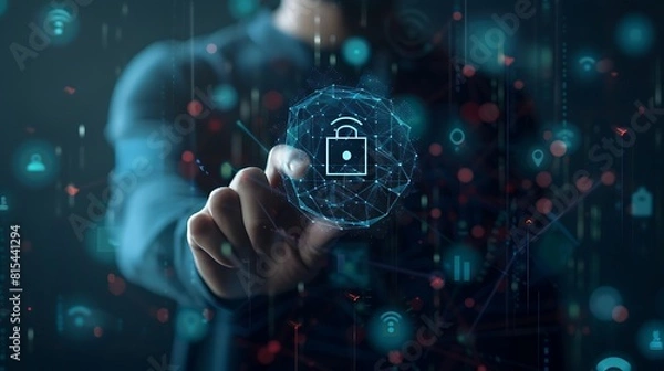 Fototapeta Man Holding Digital Symbol Showing Security Concept, Man, holding, digital symbol, security concept