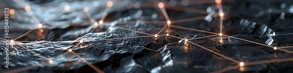 Fototapeta A sprawling digital landscape with nodes in bright silver connected by glowing graphite lines on a dark slate background
