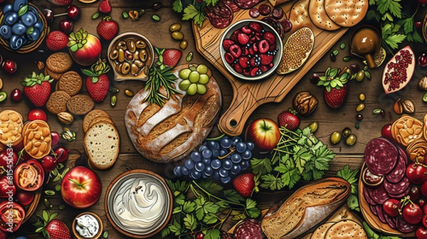 Fototapeta A beautiful spread of food, including fruit, vegetables, bread, and cheese.