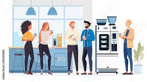 Obraz Coffee Break at the Office: Colleagues gather around the coffee machine, sharing stories and enjoying a quick coffee break to recharge during a busy workday