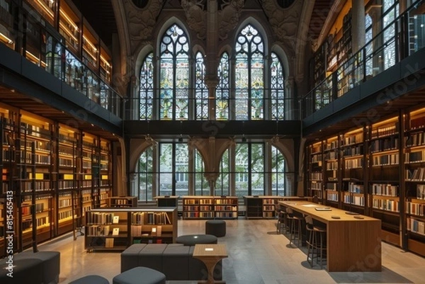Fototapeta A large library with stained glass windows, wooden shelves, and a reading area.