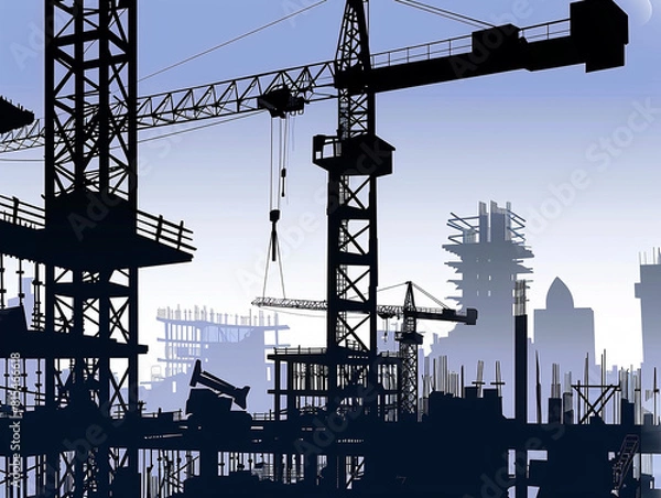 Obraz Silhouettes of workers carrying materials on a busy construction site, super realistic
