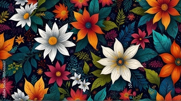 Fototapeta a colorful floral pattern featuring orange, yellow, and white flowers arranged in a repeating patte.generative.ai 