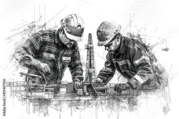 Fototapeta Pencil sketch of engineers working on offshore oil and gas drilling